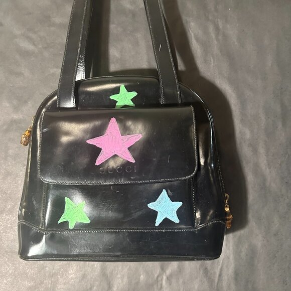 Gucci Black Patent Leather Handbag UPCYCLED pop Stars Neon Shoulder Bag VTG - Picture 6 of 14